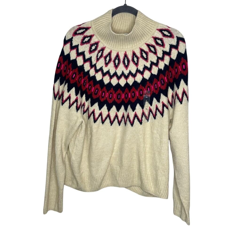 Gap Fair Isle Mockneck Sweater Women XL NWT Cream Pink Nordic Ski Holiday Winter